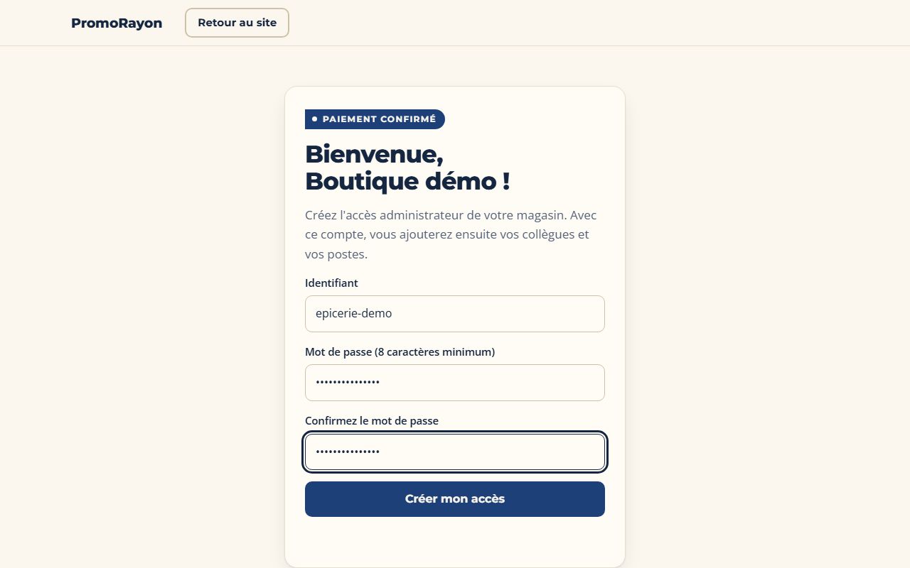 Formulaire de création du compte, juste après le paiement.