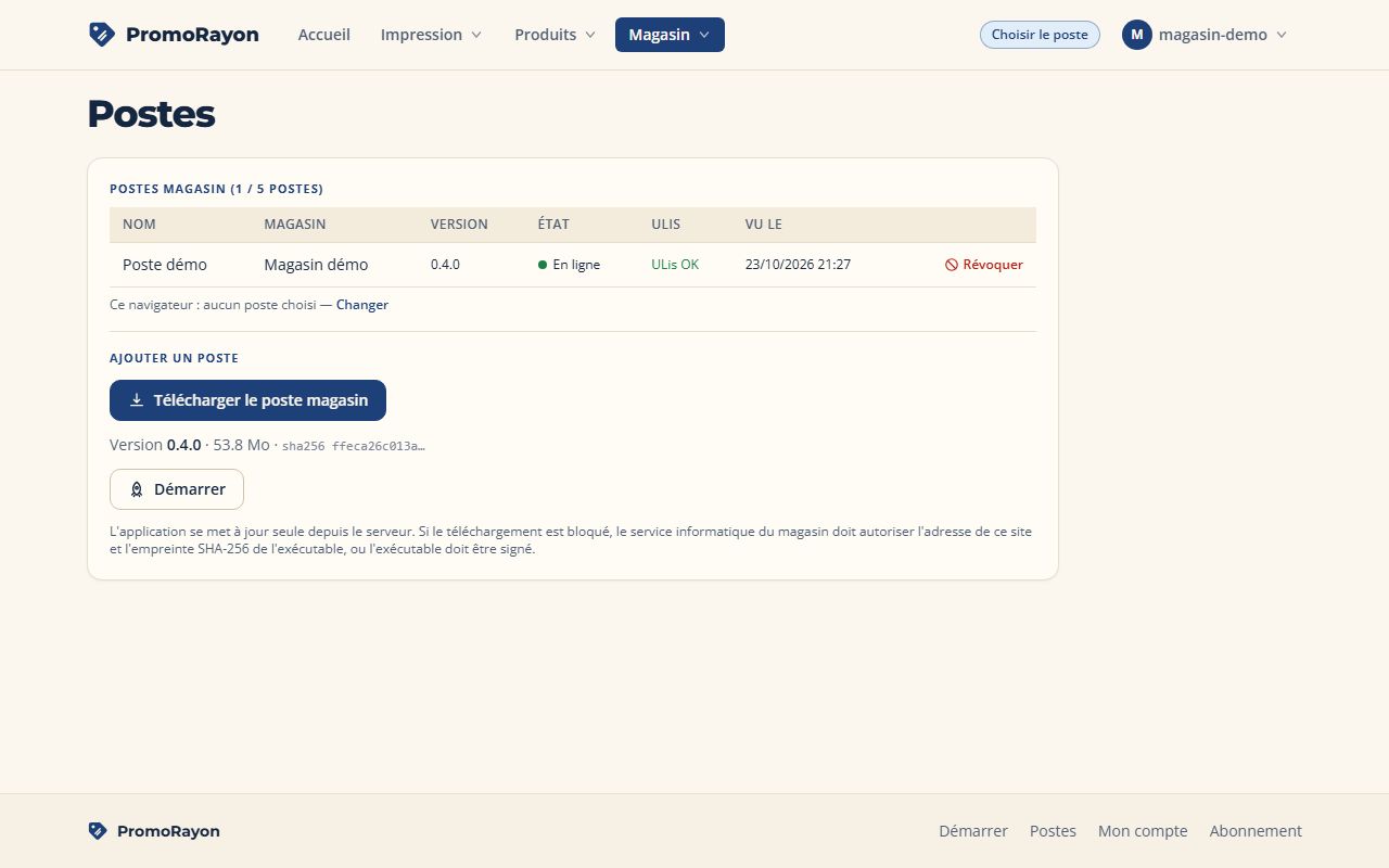 Liste des postes du magasin, avec le poste installé déjà en ligne.